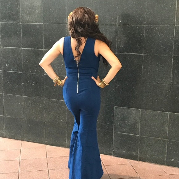 Denim Flare Bottom Jumpsuit - Picture 6 of 7